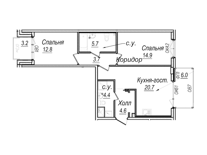 2-комнатная квартира 67.2 м², 7/8 эт., Комплекс апартаментов «Meltzer Hall»